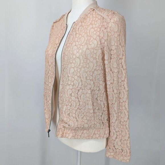 Lauren Conrad LC Light Blush Pink Floral Lace Zip Up Bomber Jacket Lined Size 6 - Picture 3 of 7